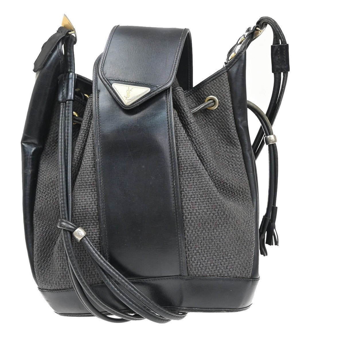 YVES SAINT LAURENT YSL Bucket Shoulder Bag Canvas Leather Black Purple 60EG053