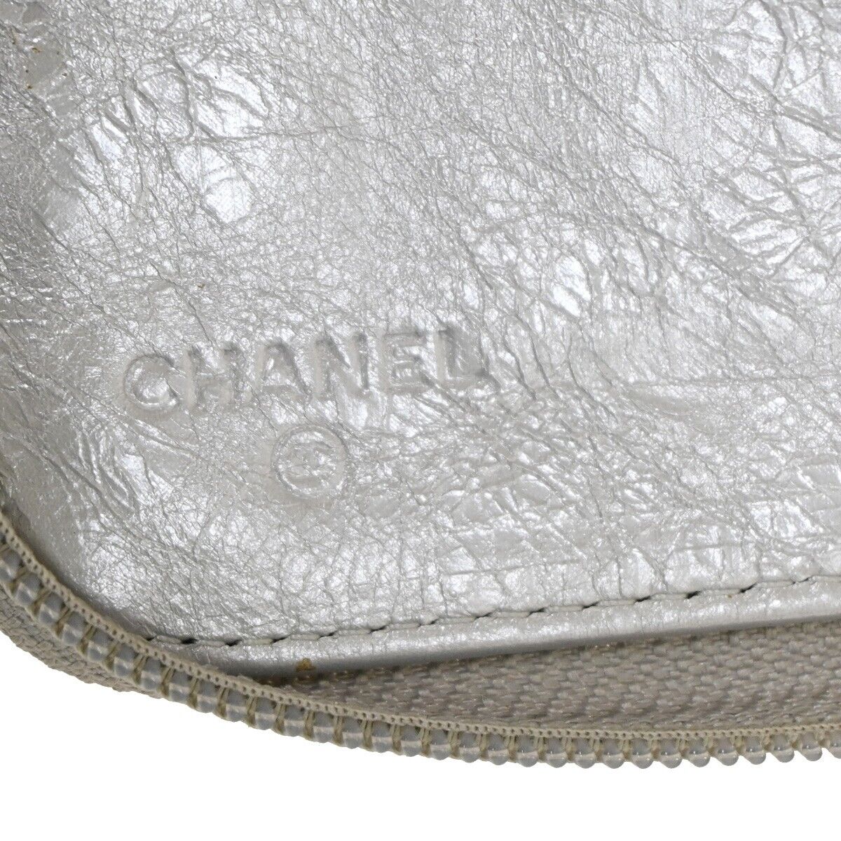 CHANEL CC Ribbon Around Zipper Bifold Wallet Purse Leather Silver SHW 60YD723