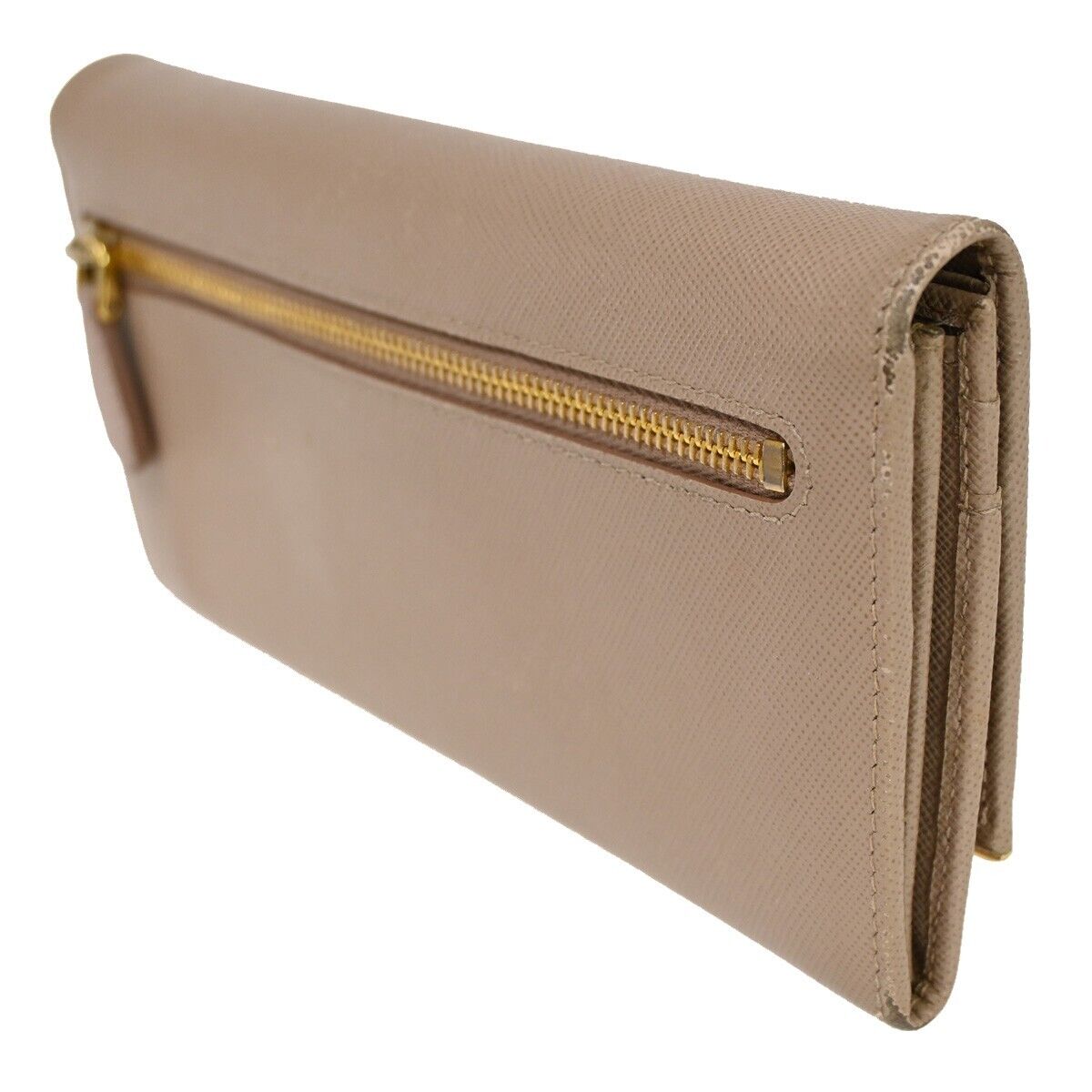 PRADA Logo Saffiano Long Bifold Wallet Purse Leather Beige Gold Italy 05SH556