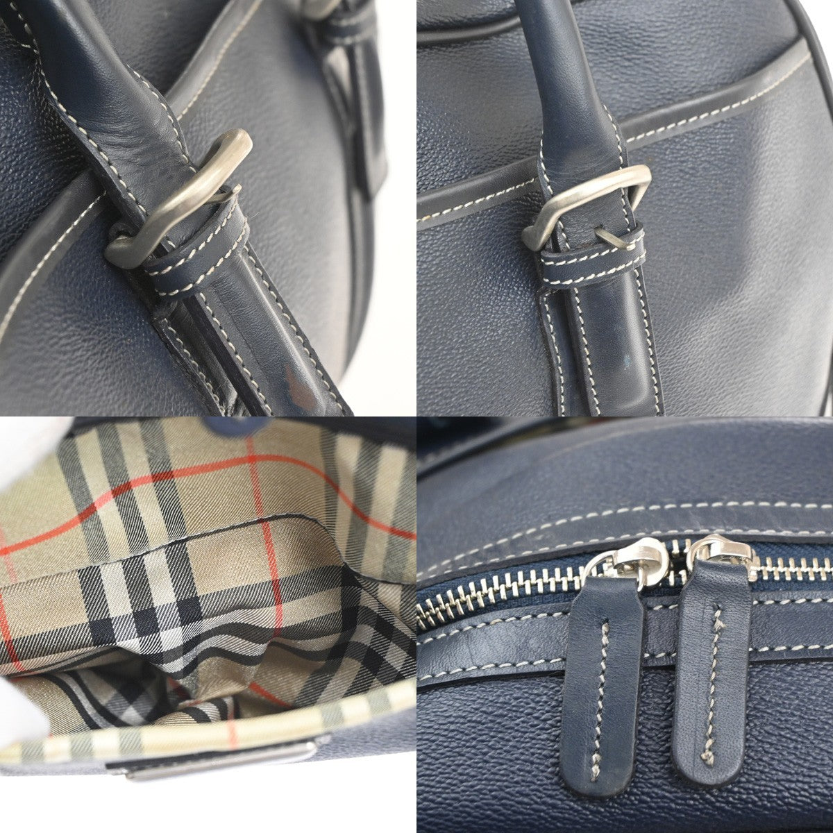 BURBERRY Golf Logo Nova Check Pattern Boston Bag Leather Navy Beige SHW 05CB019