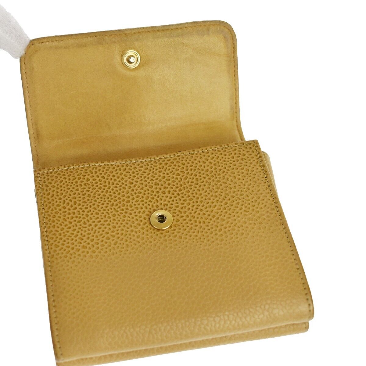 CHANEL CC Logo Bifold Wallet Purse Caviar Skin Leather Beige France 68sh439