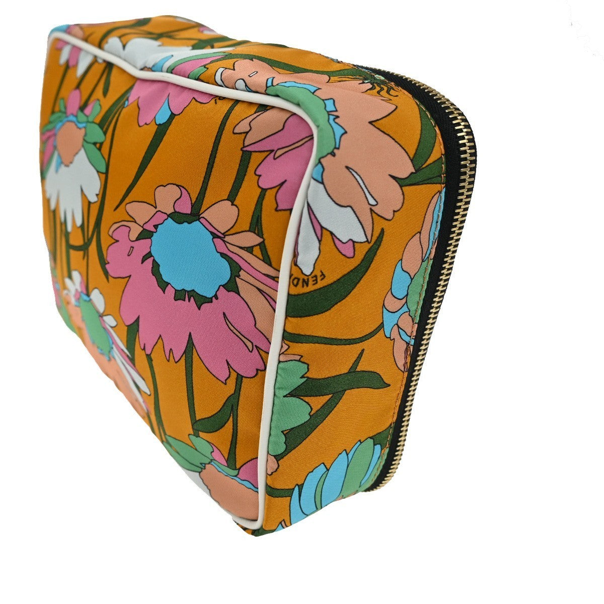 FENDI Zucca Zip-around Clutch Pouch Bag Flower Canvas Leather Orange GHW 36TA313