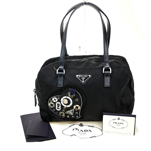 PRADA MILANO Logo Tessuto Hand Bag Nylon Leather Black SHW Italy 33CA503