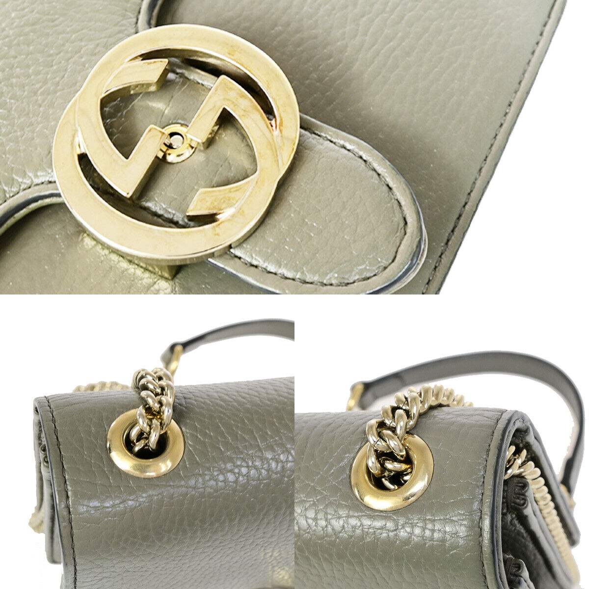 GUCCI Logo Interlocking G Chain Shoulder Bag Leather Gray GHW Italy 52YF630