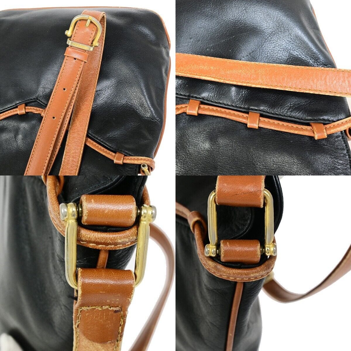 CELINE PARIS Logo Shoulder Bag Leather Black Brown Gold Italy 01EB542