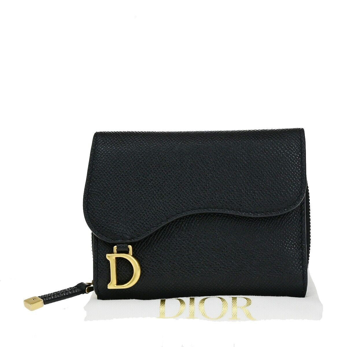 CHRISTIAN DIOR Logo Saddle Trifold Wallet Purse Leather Black GHW Italy 11RK018