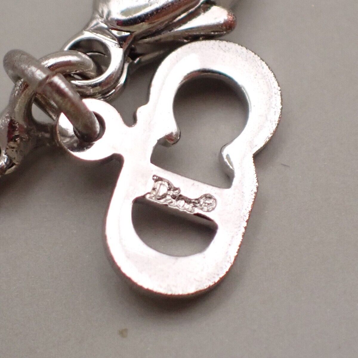 CHRISTIAN DIOR D Logo Dice Charm Necklace Rhinestone Silver Accessory 02ED439