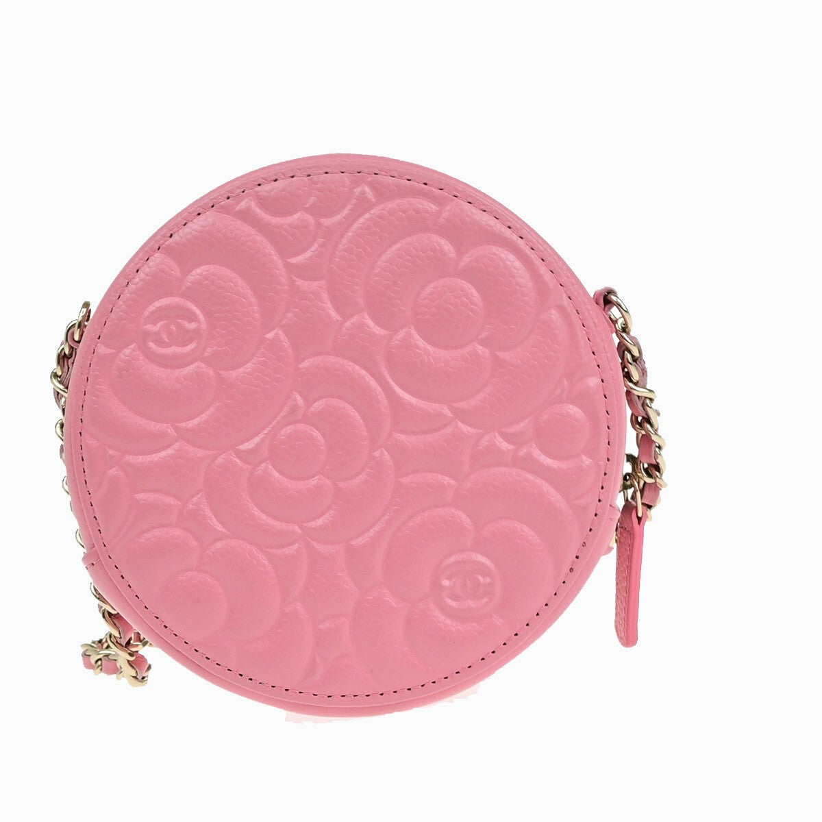 CHANEL CC Logo Camellia Round Mini Chain Shoulder Bag Grained Pink 337RK175