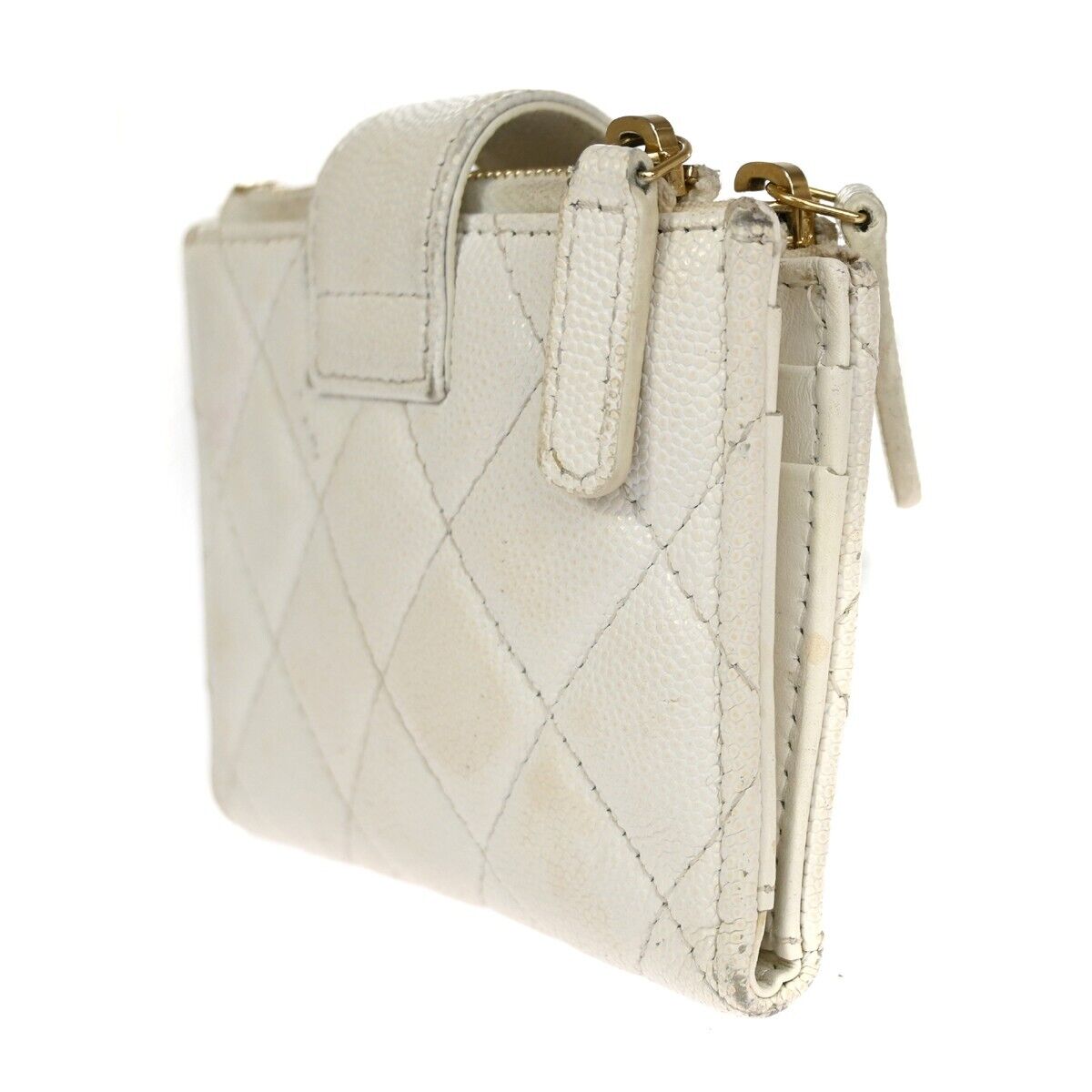 CHANEL CC Logo Bifold Wallet Purse Caviar Skin Leather White GHW Italy  30HB382
