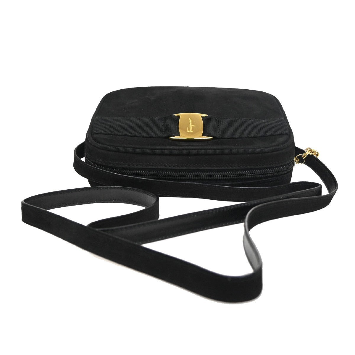 SALVATORE FERRAGAMO Vara Shoulder Crossbody Bag Suede Leather Black 36ZA124