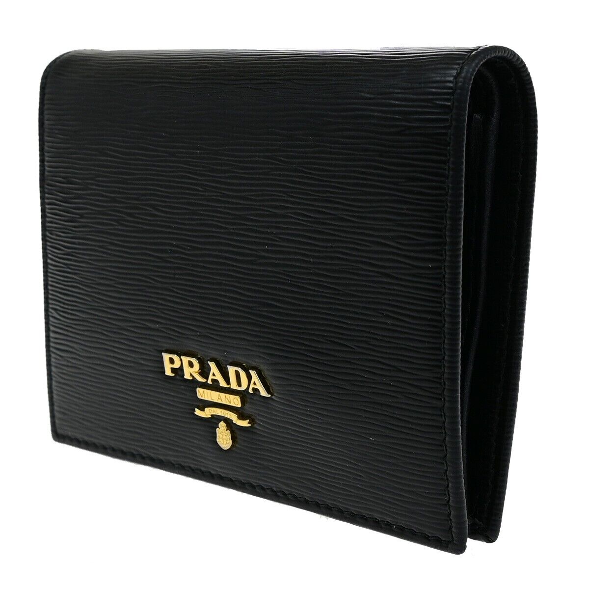 PRADA MILANO Logo Bifold Compact Wallet Vitello Move Leather Black Gold 61ED448