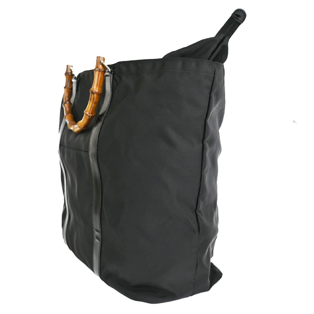 GUCCI Logo Bamboo Tote Hand Bag Nylon Leather Black Silver Italy 09YE231