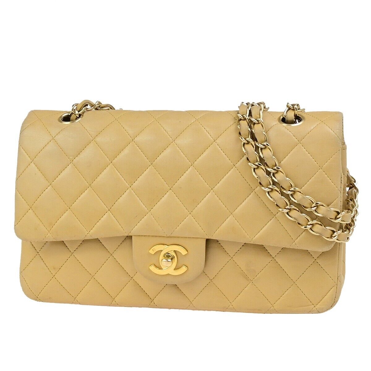 CHANEL CC Matelasse 25 Double Flap Chain Shoulder Bag Leather Beige GHW 310RK685