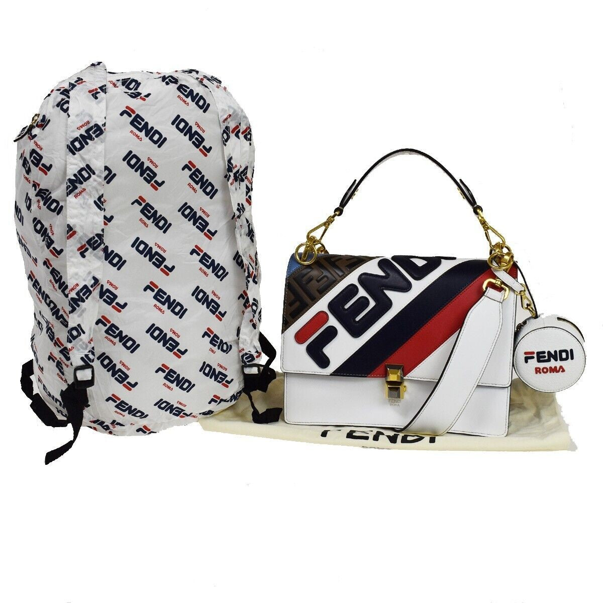 FENDI x FILA Collaboration 2Way Hand Bag Zucca Leather Brown White Blue 661RC614