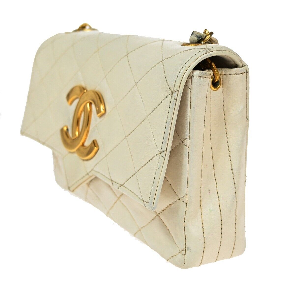 CHANEL CC Logo Matelasse Chain Shoulder Bag Leather White GHW Vintage 650RJ771