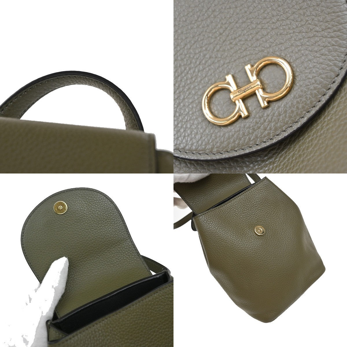 SALVATORE FERRAGAMO Logo Gancini Mini Backpack Bag Leather Khaki 86EG146
