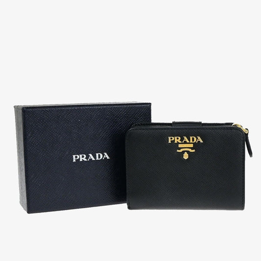 PRADA MILANO Bifold Wallet Purse Saffiano Leather Black Gold Italy 88RK416