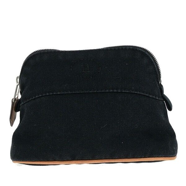 HERMES Logo Bolide 16 Mini Pouch Bag 100% Cotton Leather Black France 01ED707
