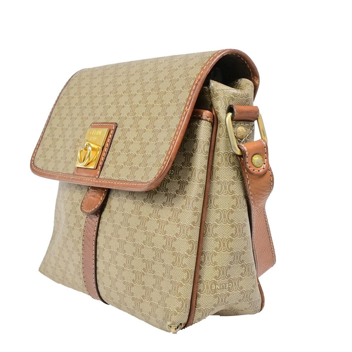 CELINE Logo Macadam Pattern Shoulder Bag PVC Leather Beige Italy 09EB602
