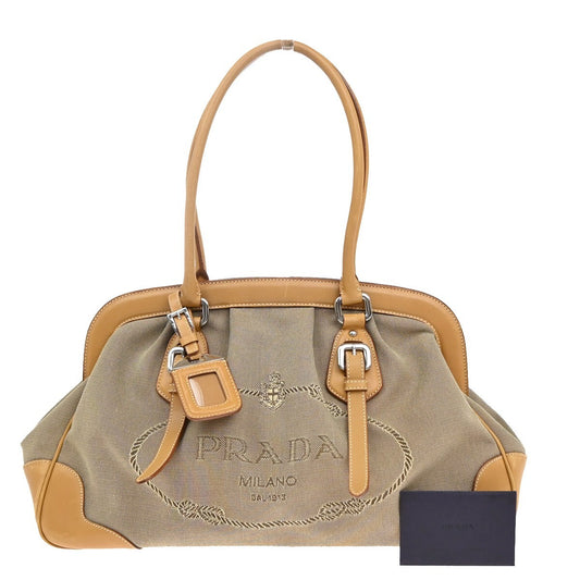 PRADA MILANO Logo Jacquard Shoulder Bag Canvas Leather Brown Silver 16EE829