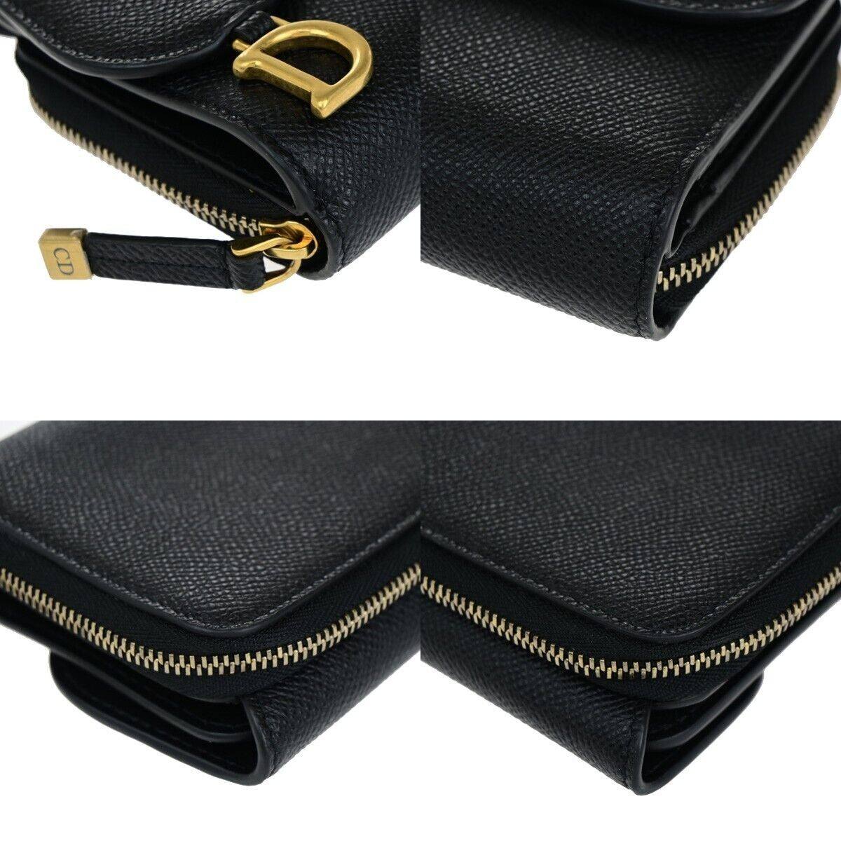 CHRISTIAN DIOR Logo Saddle Trifold Wallet Purse Leather Black GHW Italy 11RK018