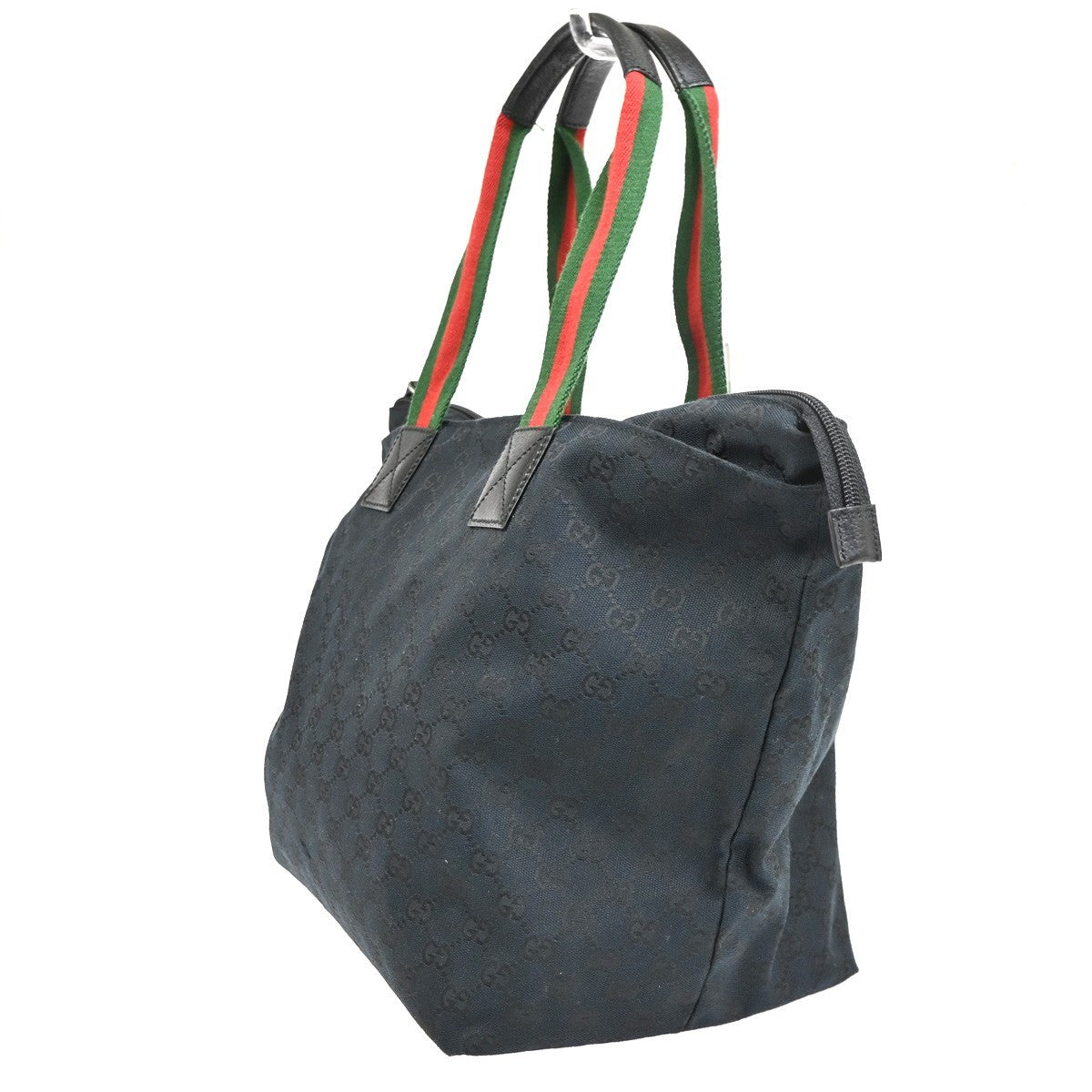 GUCCI web stripe Sherry Line Shoulder Tote Bag Leather Canvas Black SHW 77TA688