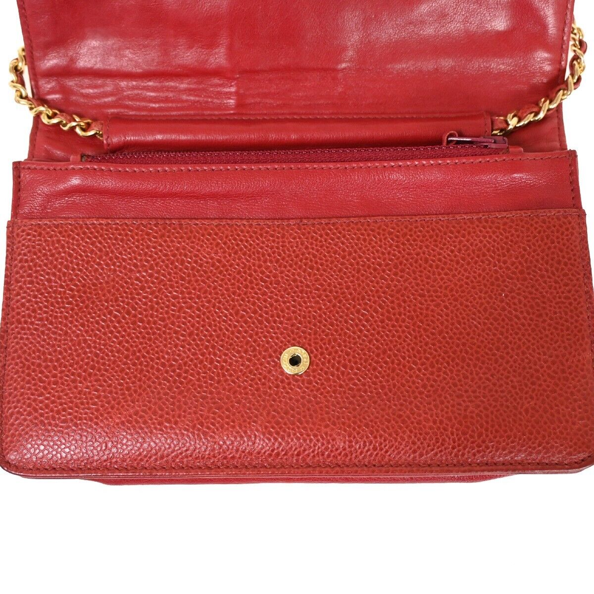CHANEL CC Logo Chain Shoulder Bag Bifold Wallet Caviar skin Leather Red 671RJ655
