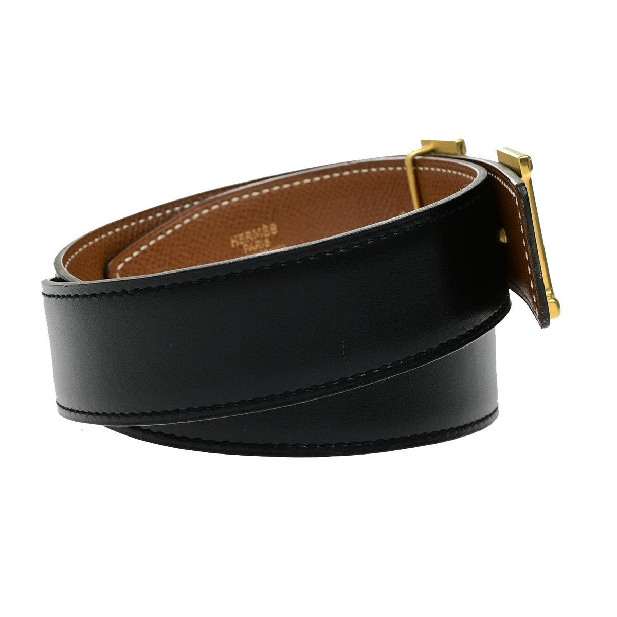 HERMES H Logo Constance Reversible Buckle Belt Leather #68 Black Brown 82RL054