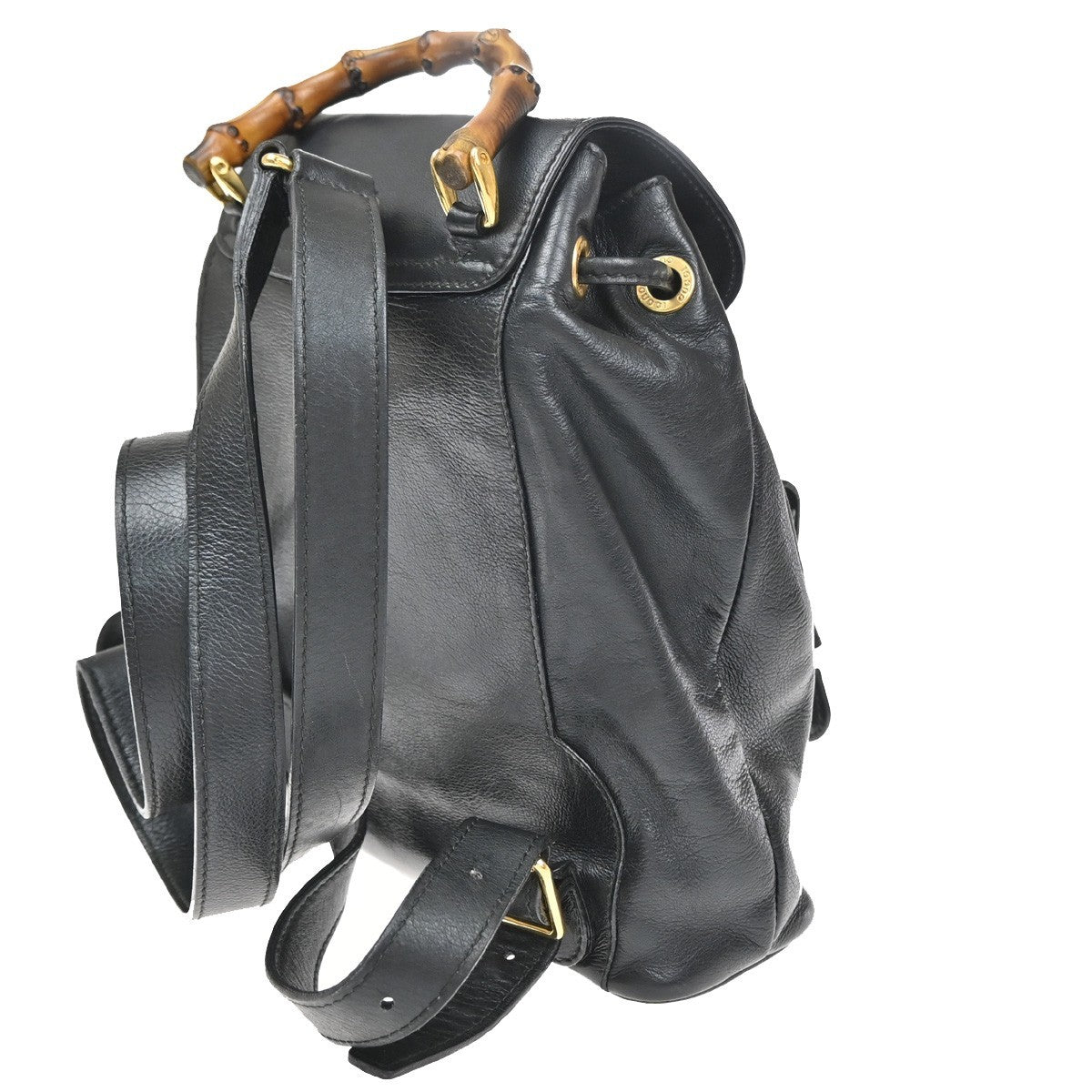 GUCCI Logo Bamboo Drawstring Backpack Bag Leather Black GHW Italy 38CA875