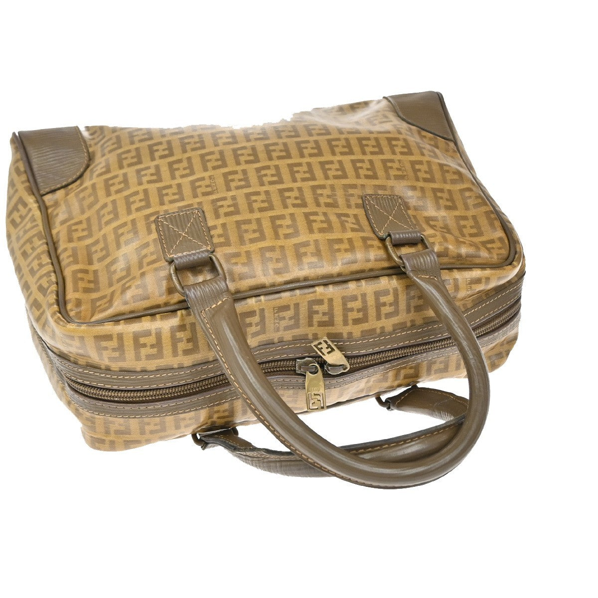 FENDI Logo Zucchino Pattern Hand Bag Coating Canvas Leather Brown 62KP355