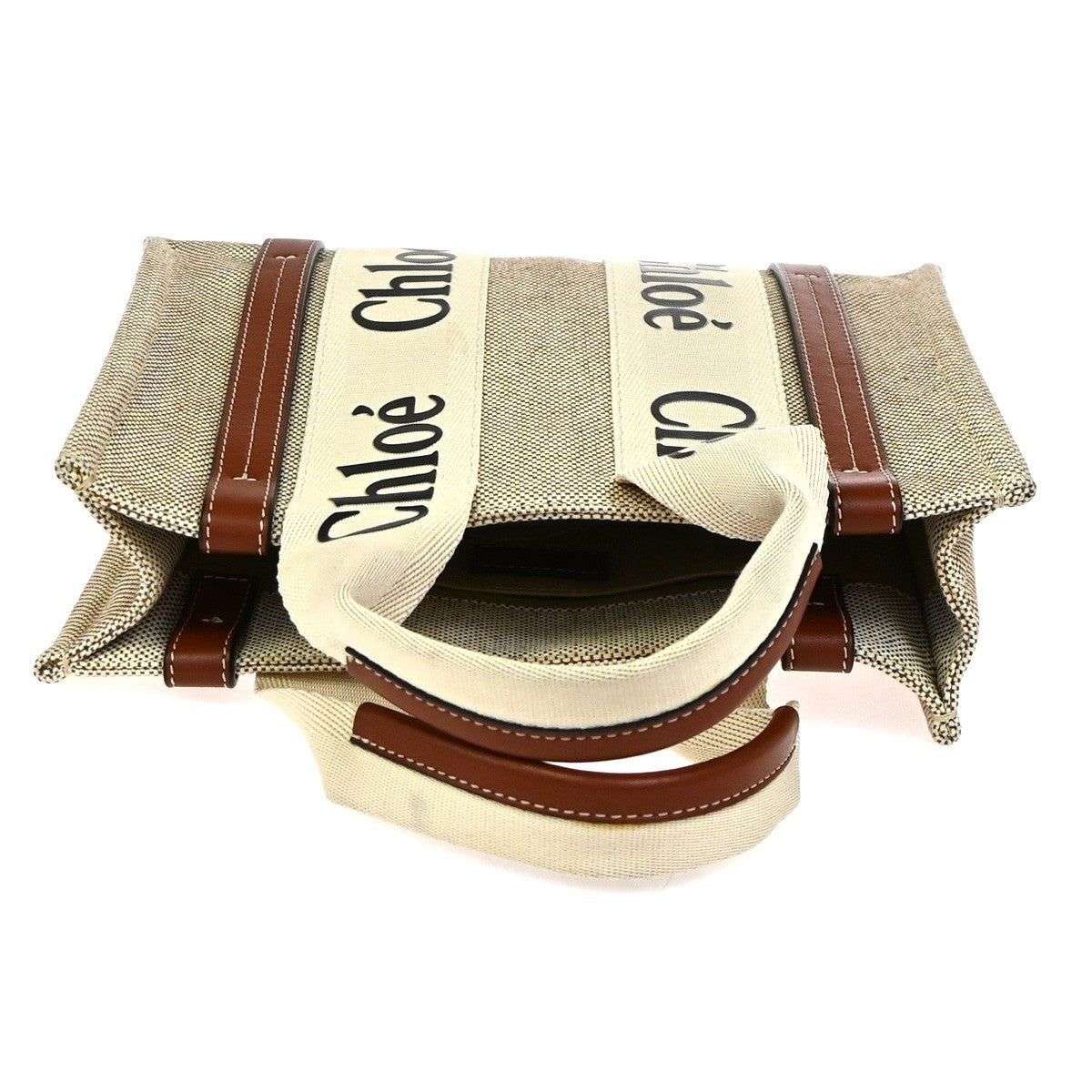 CHLOE Logo Woody Small Hand Tote Bag Canvas Leather Beige Brown Italy 77RQ021