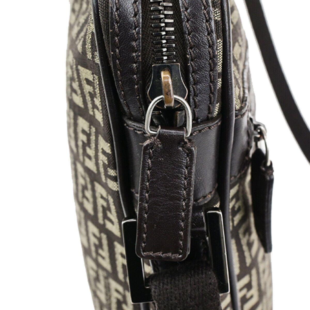 FENDI Logo Zucchino Pattern Shoulder Bag Canvas Leather Brown SHW Italy 87SJ495