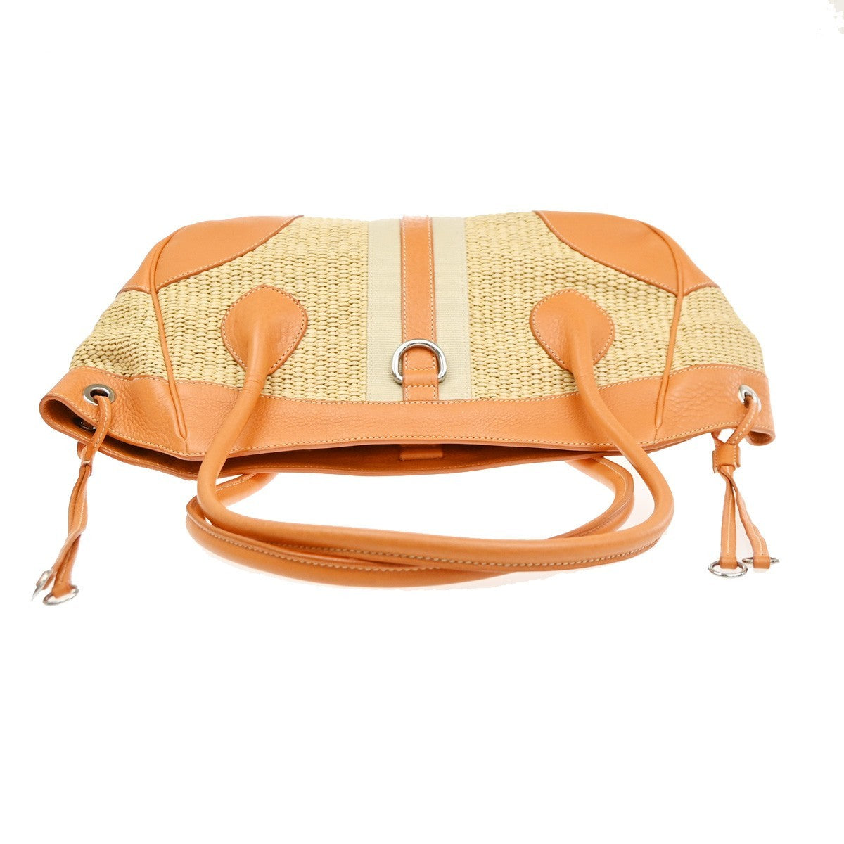 PRADA Logo Shoulder Bag Raffia Straw Leather Beige Orange SHW Italy 76YJ131
