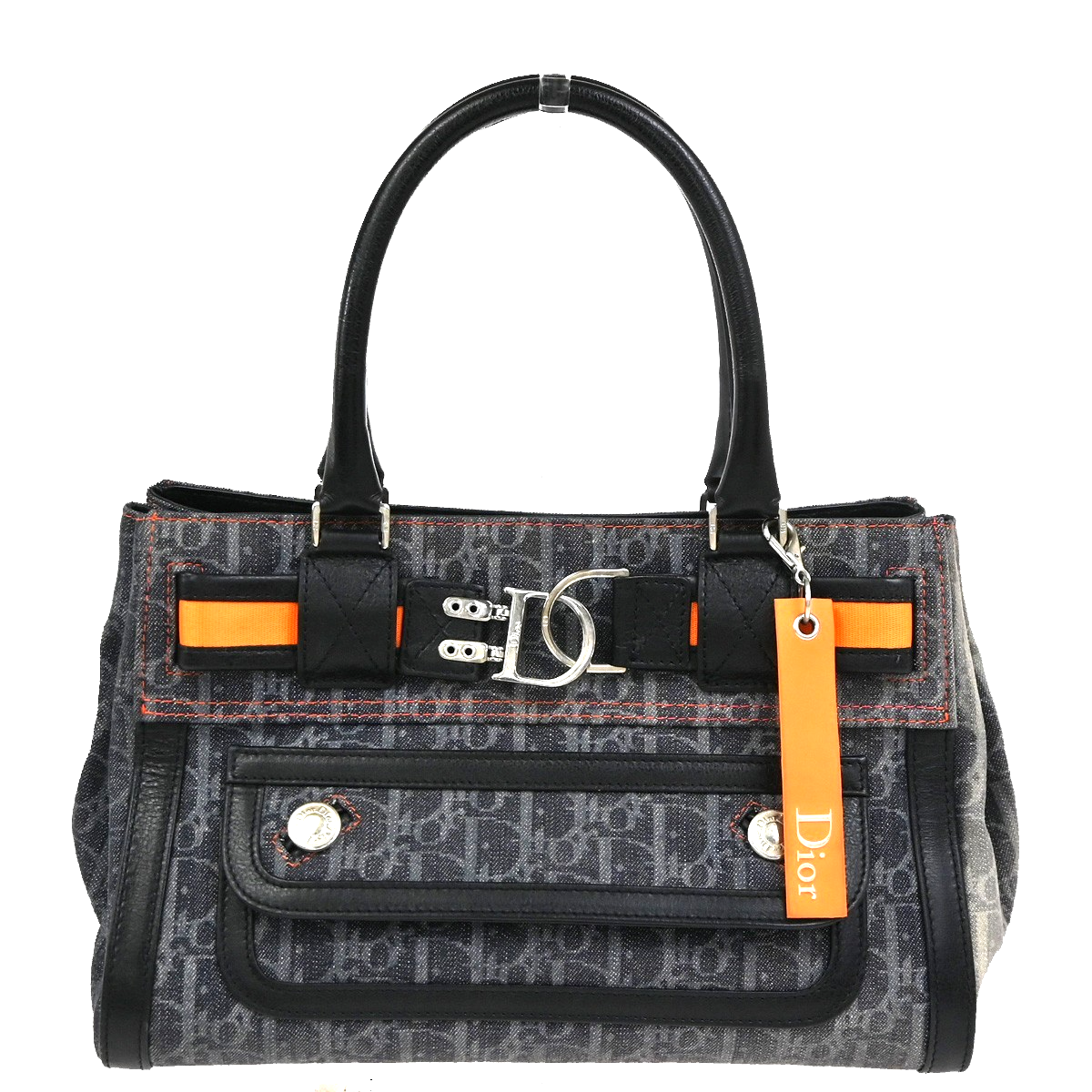 CHRISTIAN DIOR CD Logo Flight Line Trotter Hand Bag Denim Leather Blue 27YJ001