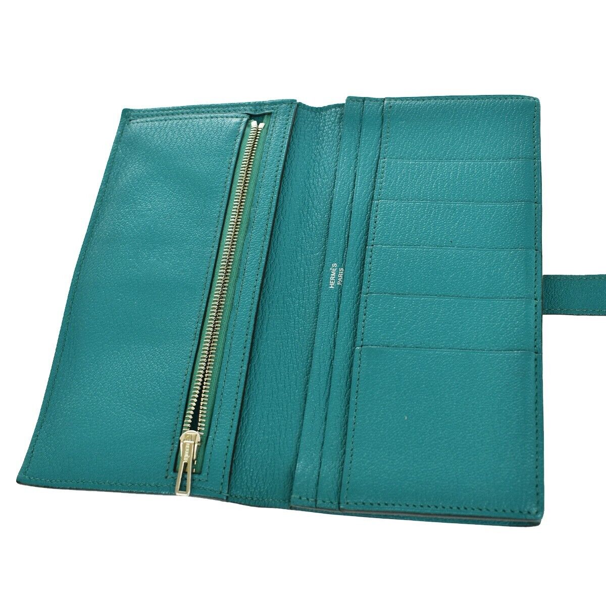 HERMES H Logo Bearn Long Bifold Wallet Purse Chevre Leather Green 32RH514