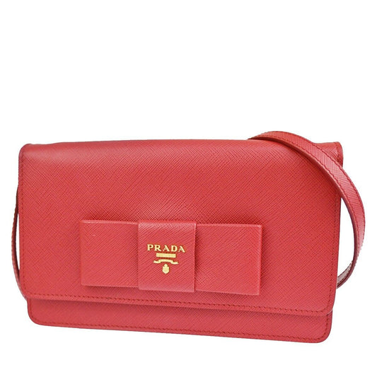 PRADA MILANO Saffiano Fiocco Ribbon 2Way Shoulder Clutch Bag Leather Red 25RJ472
