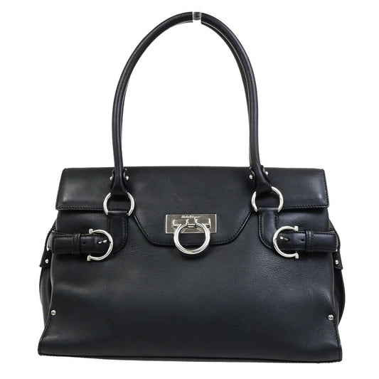SALVATORE FERRAGAMO Logo Gancini Shoulder Bag Leather Black SHW Italy 31KA536