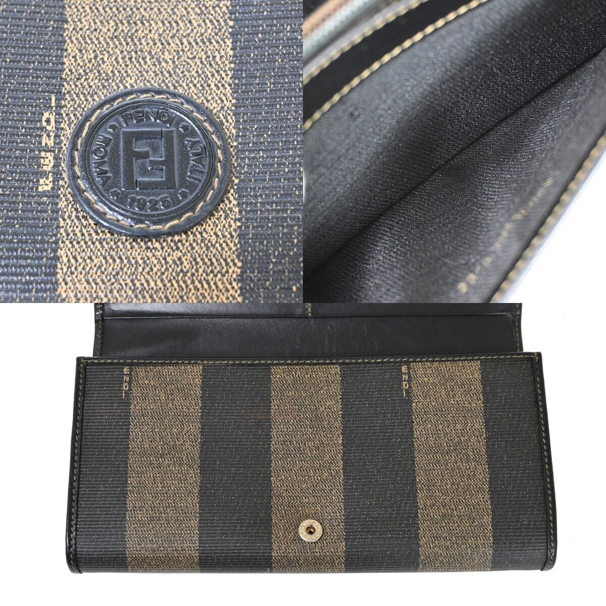 FENDI Logo Pequin Bifold Long Wallet Purse PVC Leather Brown Black Italy 04RH855