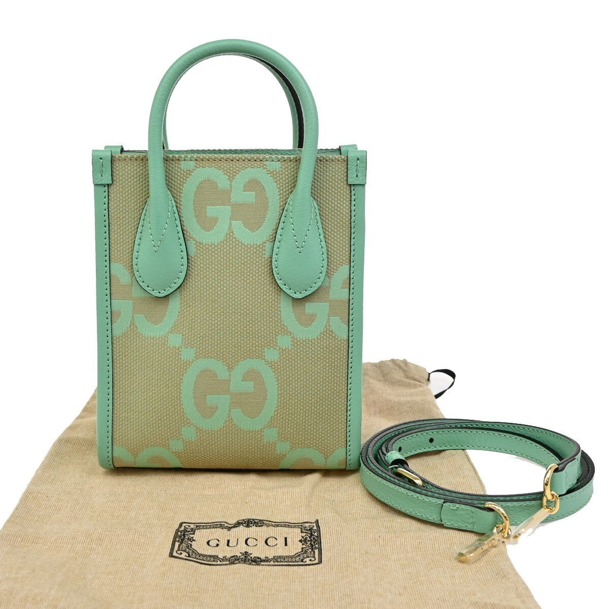 GUCCI Logo Jumbo GG 2Way Mini Shoulder Hand Bag Canvas Green Beige GHW 603RL158