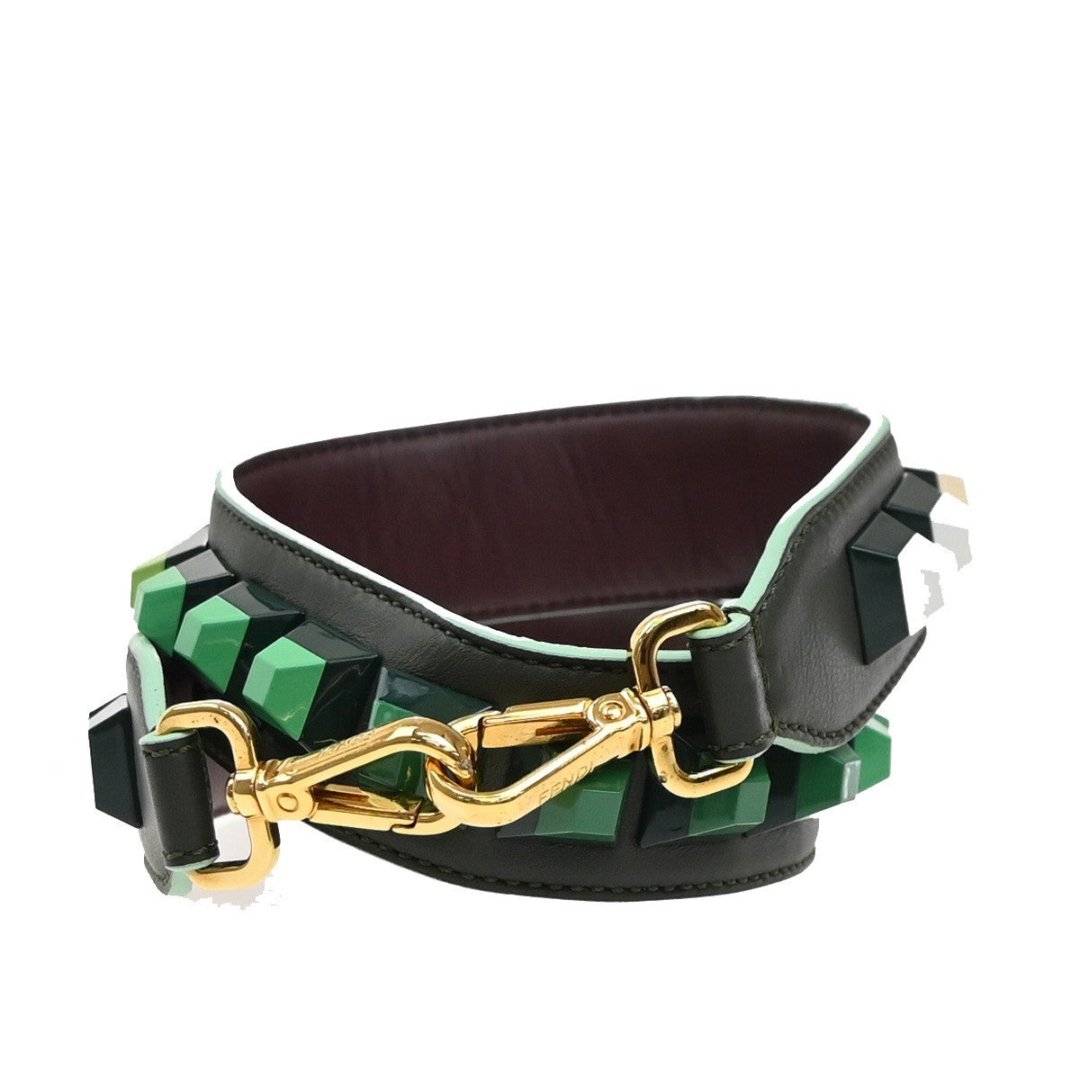 FENDI Logo Studs Bag Shoulder Strap Leather Plastic Green Brown GHW 65KP348