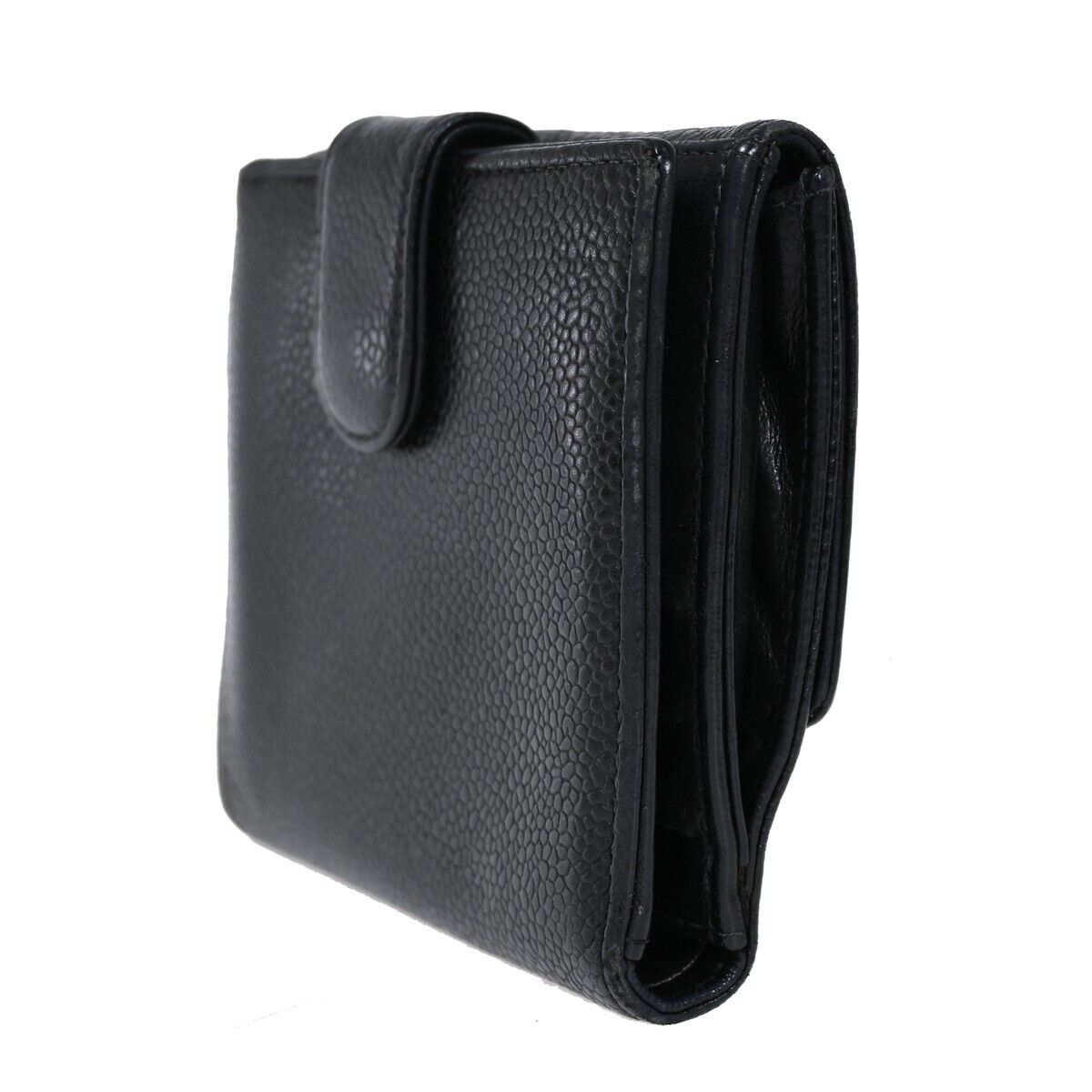 CHANEL CC Logo Bifold Wallet Purse Caviar Skin Leather Black France 68HB308