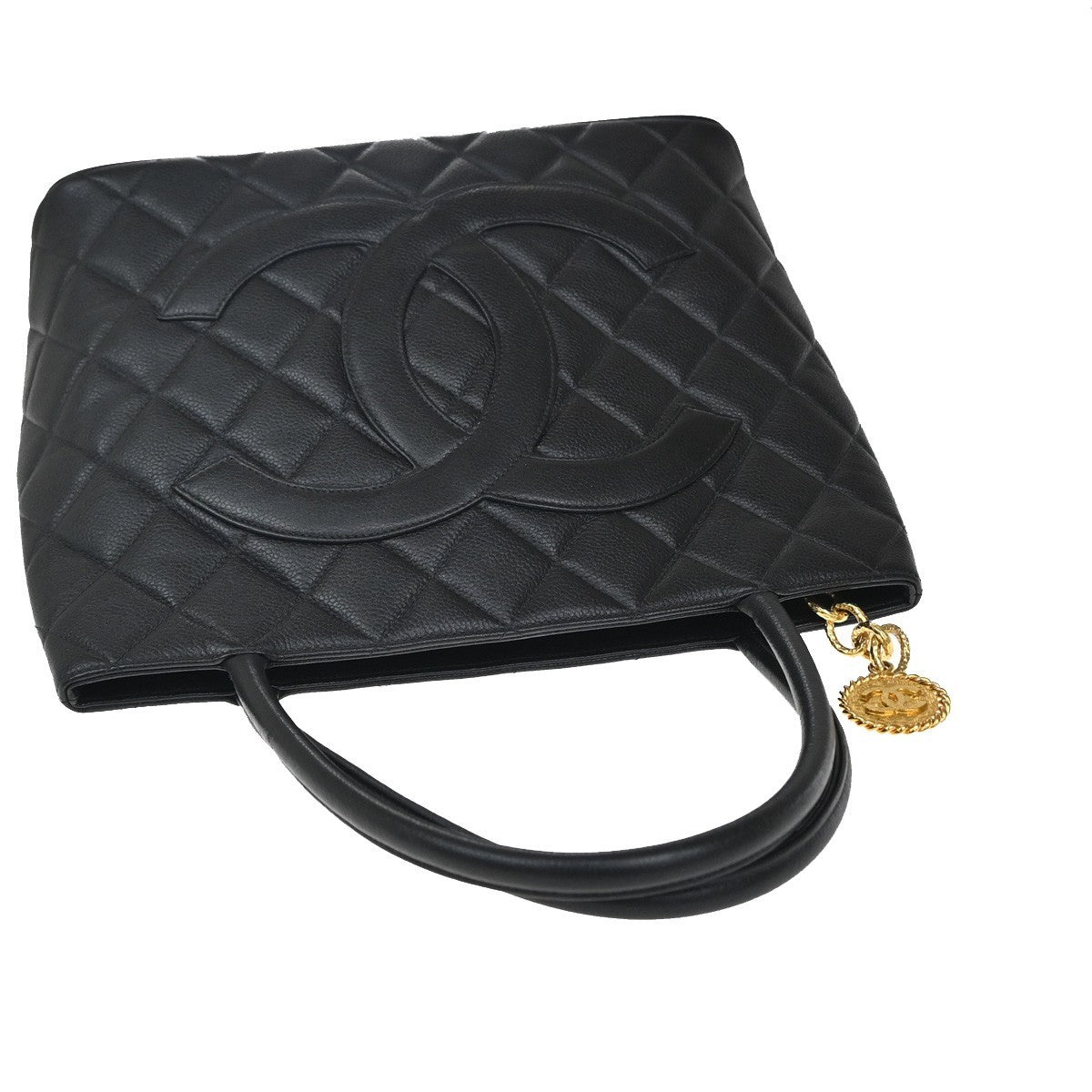 CHANEL Medallion Matelasse Shoulder Bag Calfskin Leather Black Vintage 307RF880