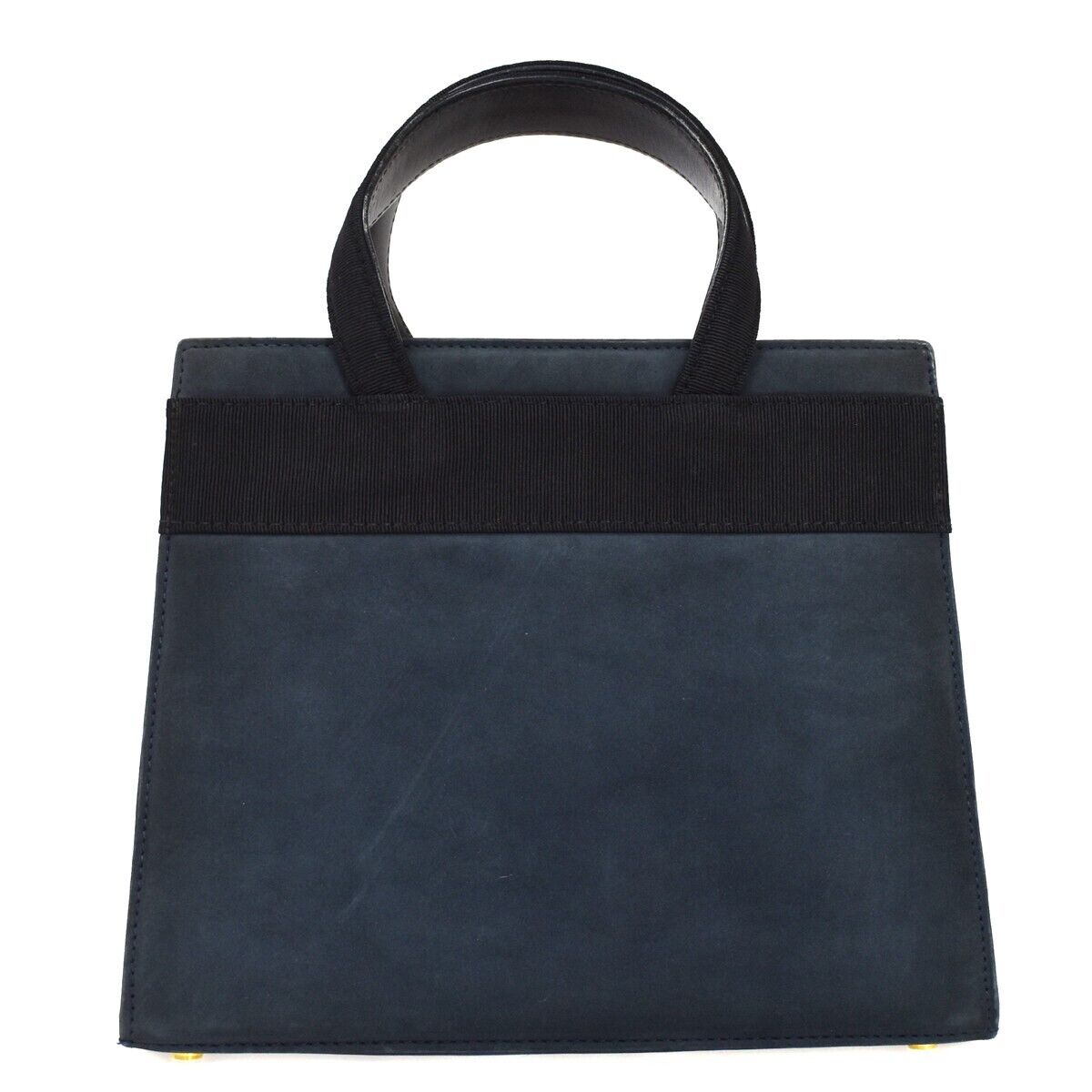 SALVATORE FERRAGAMO Vara Hand Bag Suede Leather Navy Blue Gold Italy 69ED289