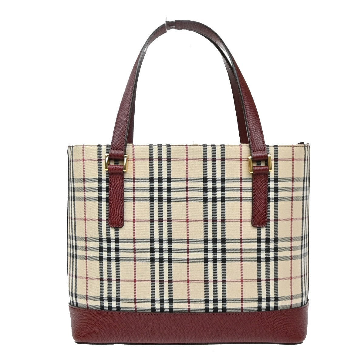 BURBERRY Logo Nova Check Hand Bag Canvas Leather Beige Red GHW 39RQ059