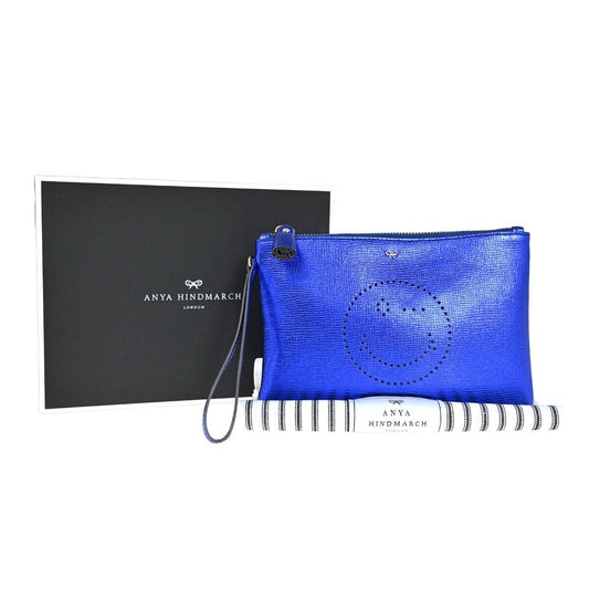 ANYA HINDMARCH Logo Smiley Wink Fringe Mini Clutch Hand Bag Leather Blue 02HB219