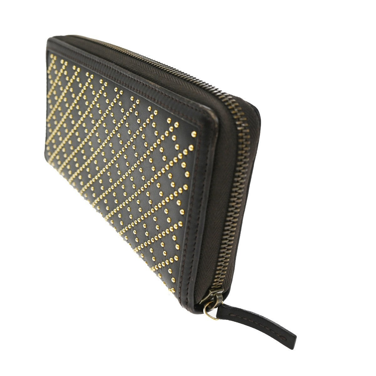GUCCI Logo Diamante Studded GG Long Zipper Wallet Leather Brown Gold 62TA307