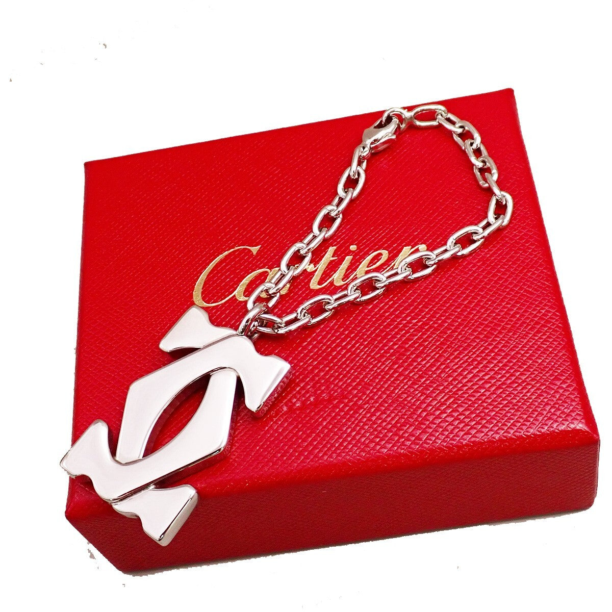 CARTIER 2C Logo Chain Bag Charm Key Ring Silver ACCESSORY 01EE505