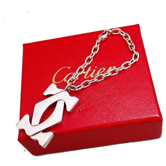CARTIER 2C Logo Chain Bag Charm Key Ring Silver ACCESSORY 01EE505