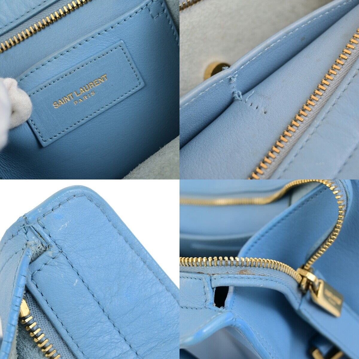 SAINT LAURENT  Logo Classic Y Cabas 2 Way Hand Bag Leather Blue Gold 79FB398
