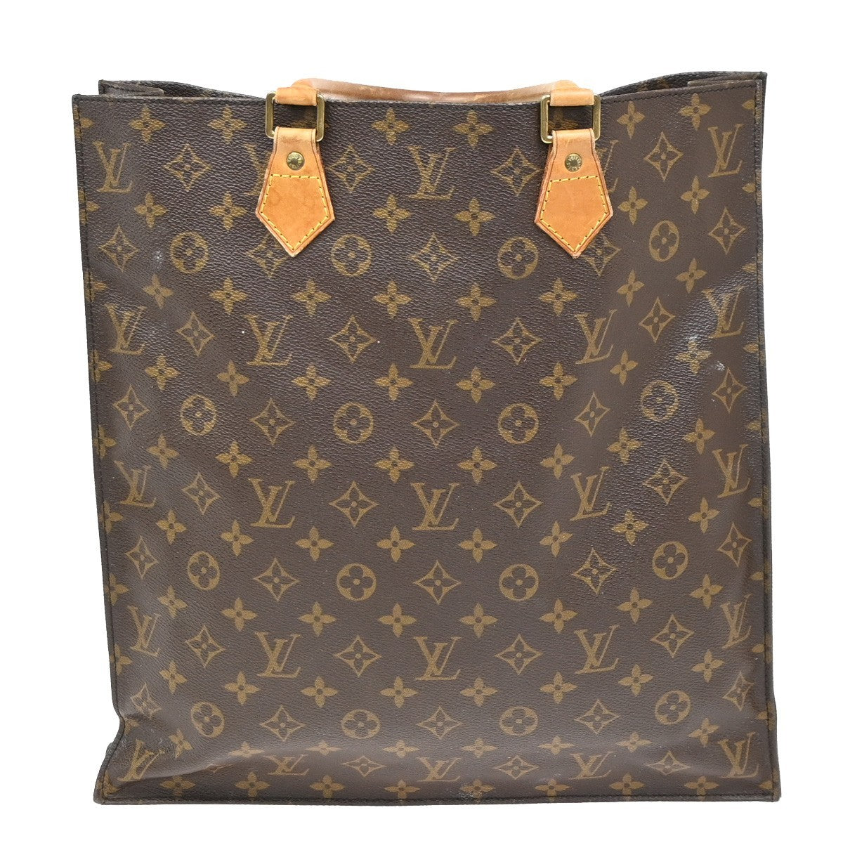 LOUIS VUITTON Logo Sac Plat Hand Tote Bag Monogram Leather Brown M51140 62ZA260
